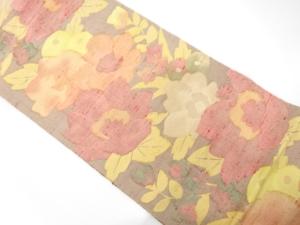 手織り紬　草花模様織り出し　名古屋帯